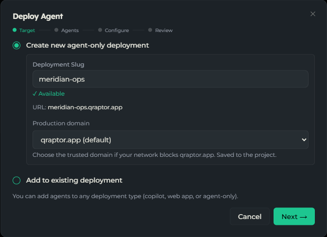 Deploy wizard Target step: create a new deployment with an app slug, availability check, URL preview, and production domain selector