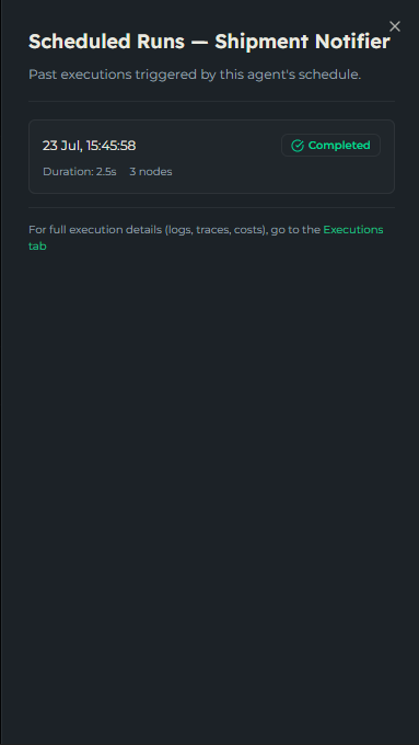 Schedule history panel listing past runs with their status and timing