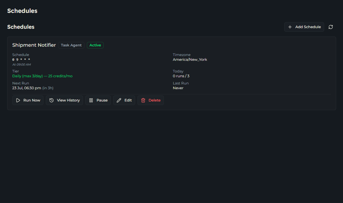 Schedules tab showing an agent scheduled nightly, with its cadence, timezone, next run, and last-run status