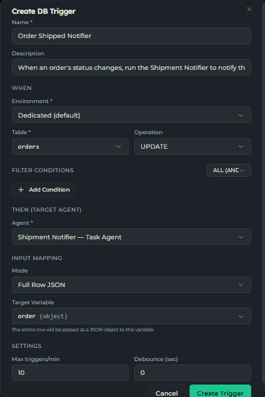 Create trigger dialog: table and operation on the left, a status CHANGED condition, and the target agent on the right