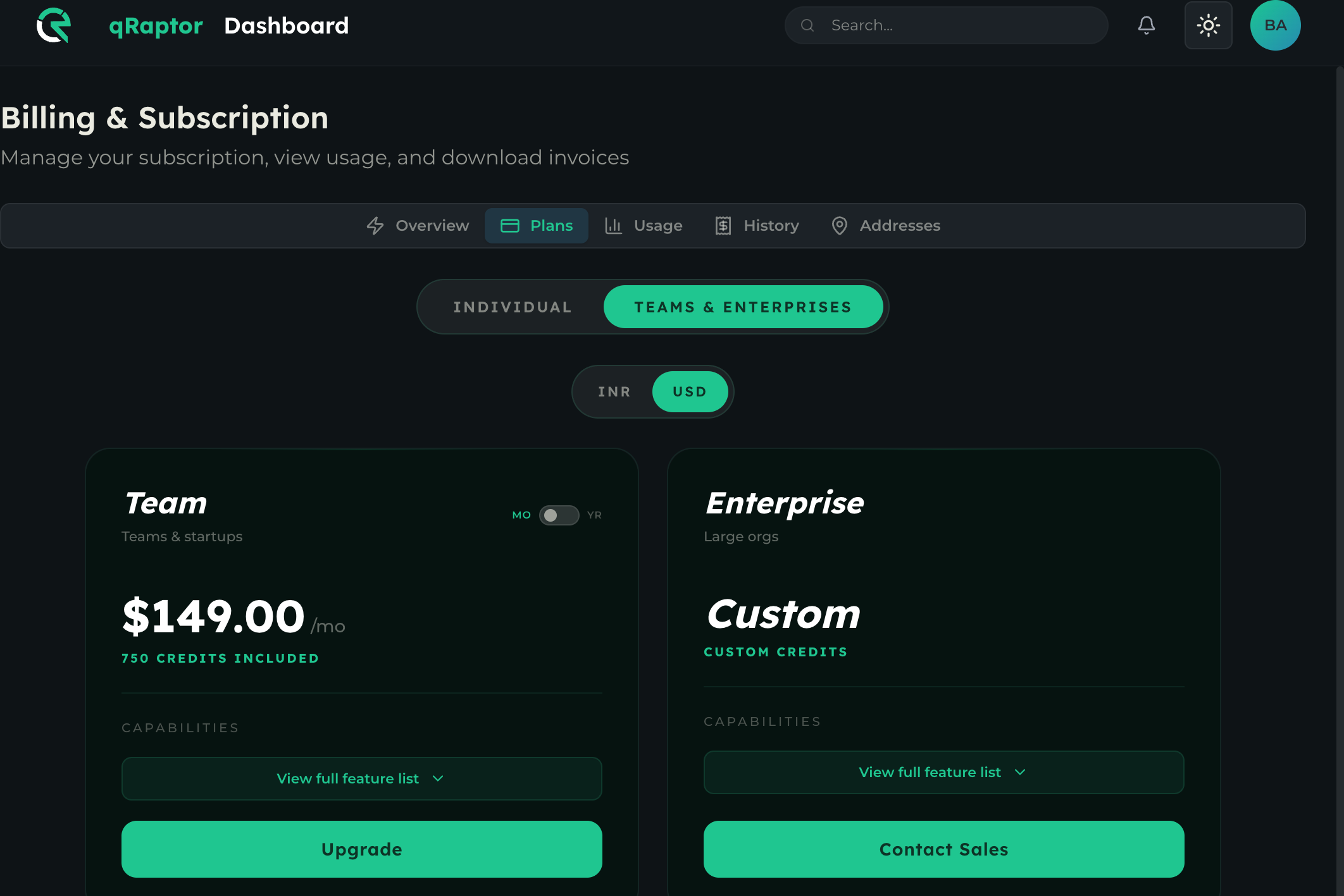 Teams & Enterprises plans showing Team ($149/mo) and Enterprise (Custom)