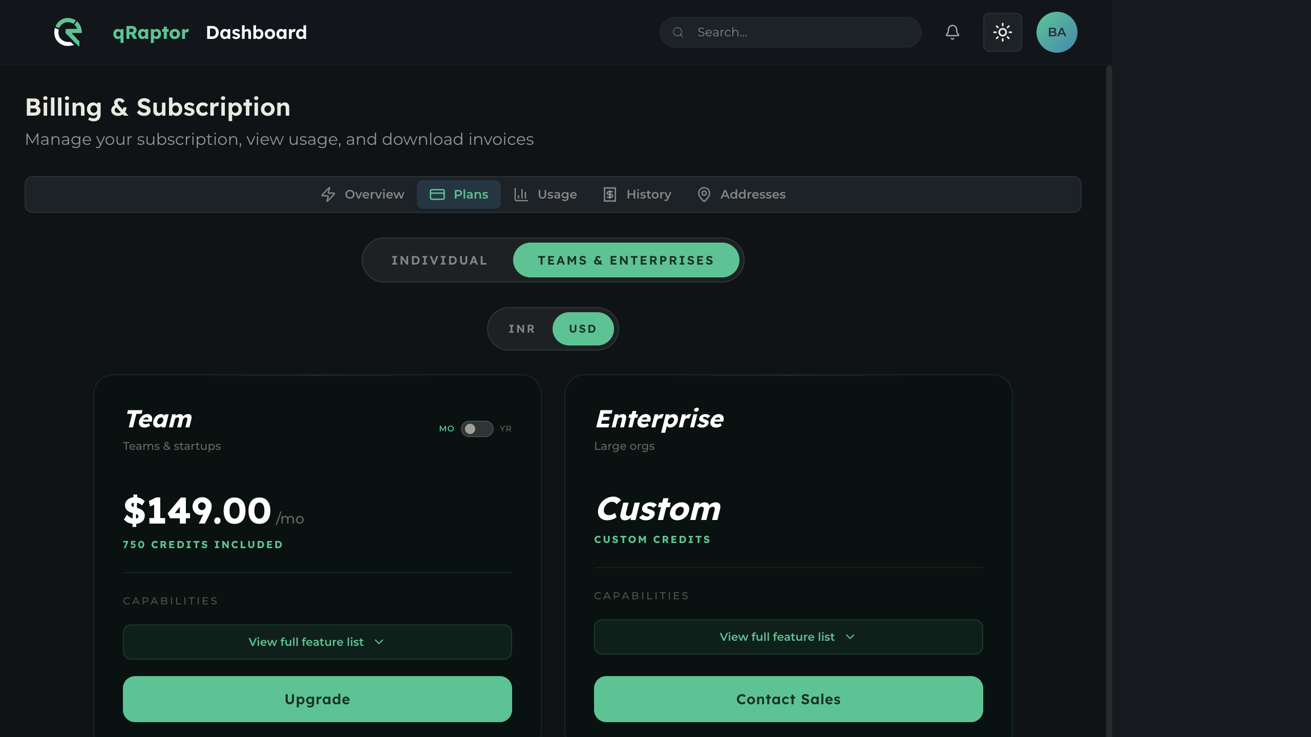 Teams & Enterprises plans showing Team ($149/mo) and Enterprise (Custom)