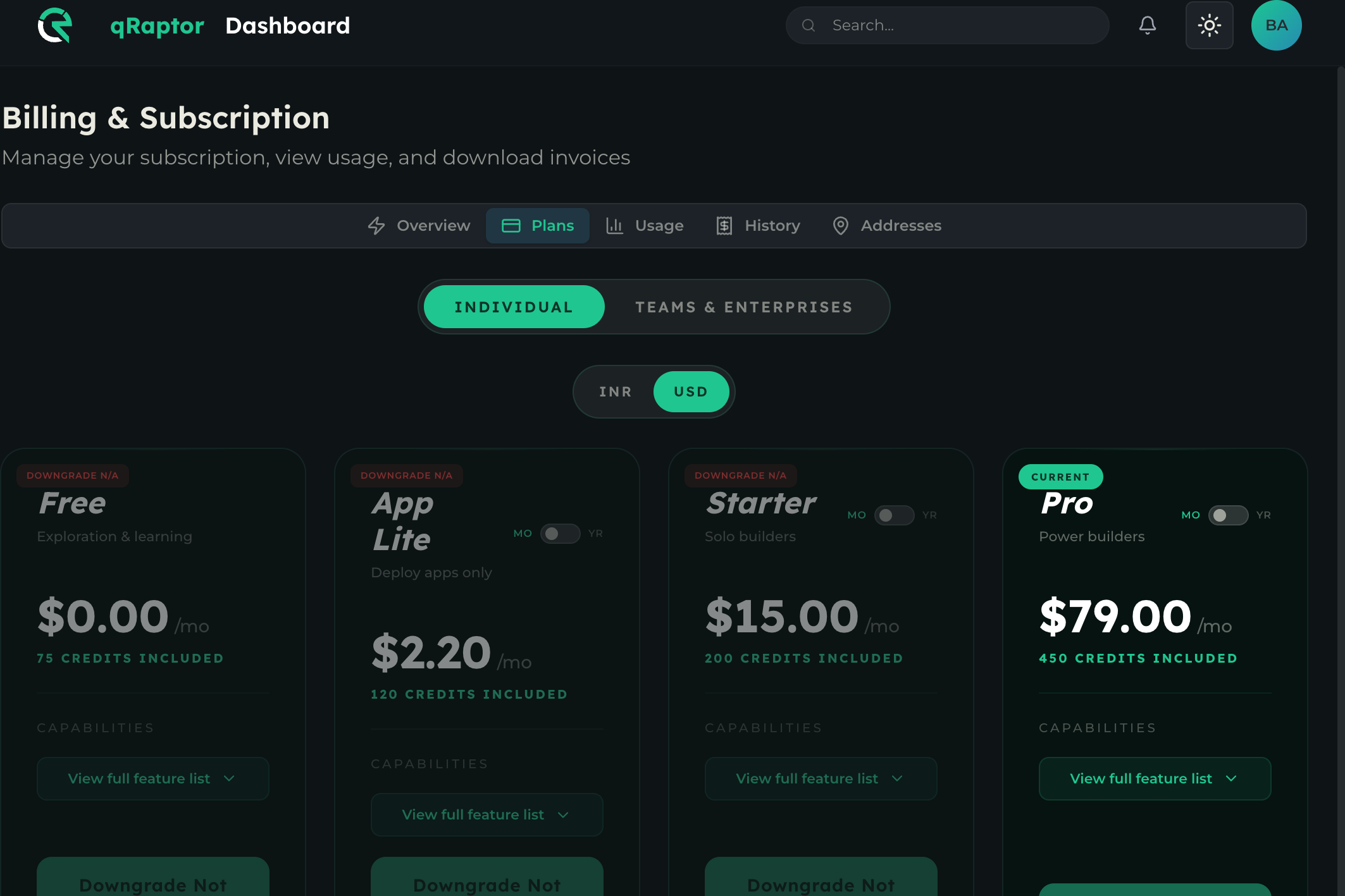 Plans tab showing Individual plans (Free, App Lite, Starter, Pro) with pricing and features