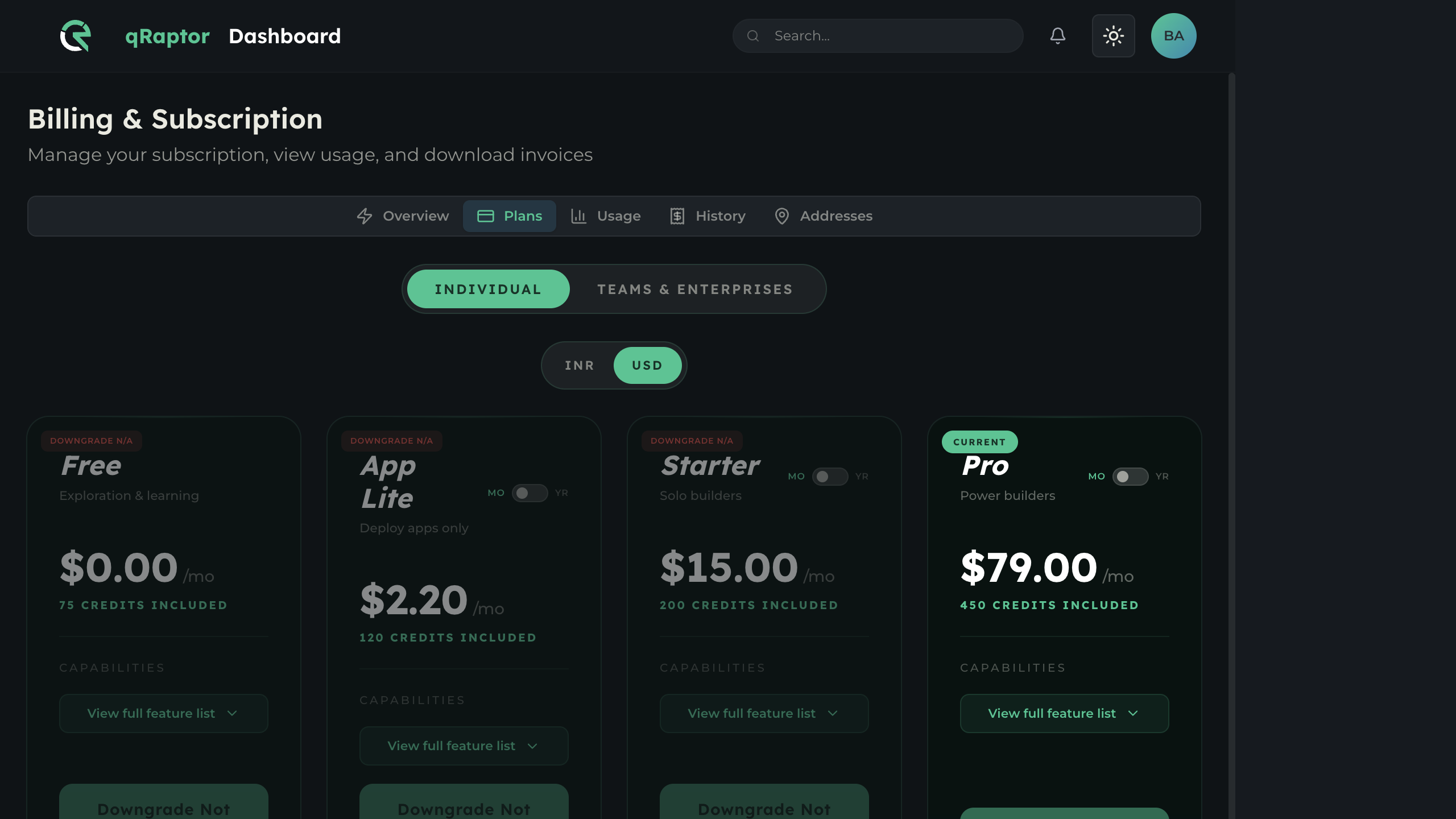Plans tab showing Individual plans (Free, App Lite, Starter, Pro) with pricing and features
