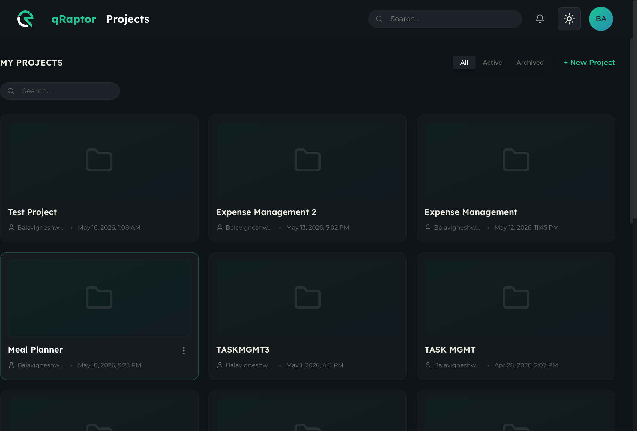 Studio dashboard showing the My Projects page