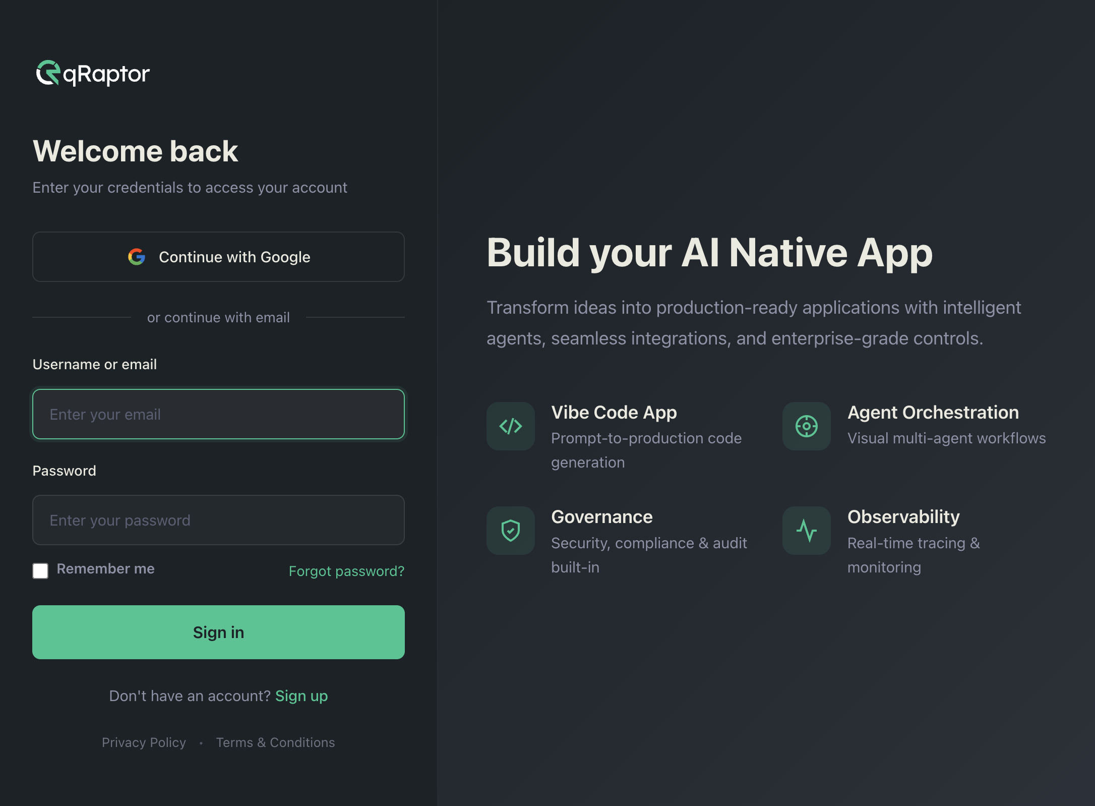 qRaptor sign-in page with Continue with Google button and email/password fields