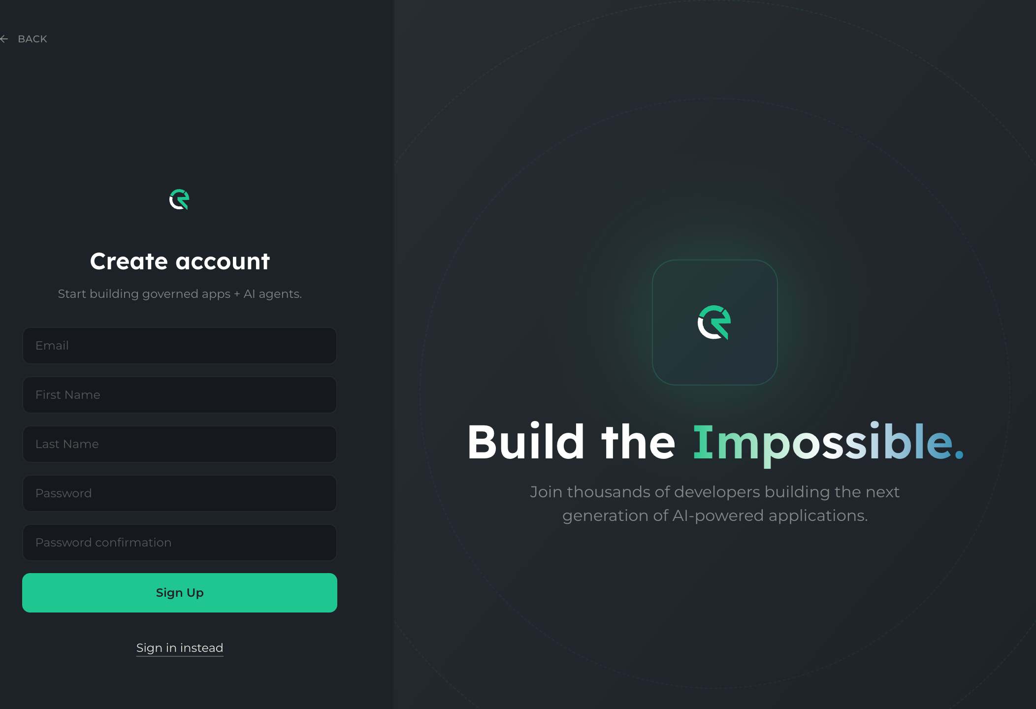 Sign-up form with email, name, and password fields
