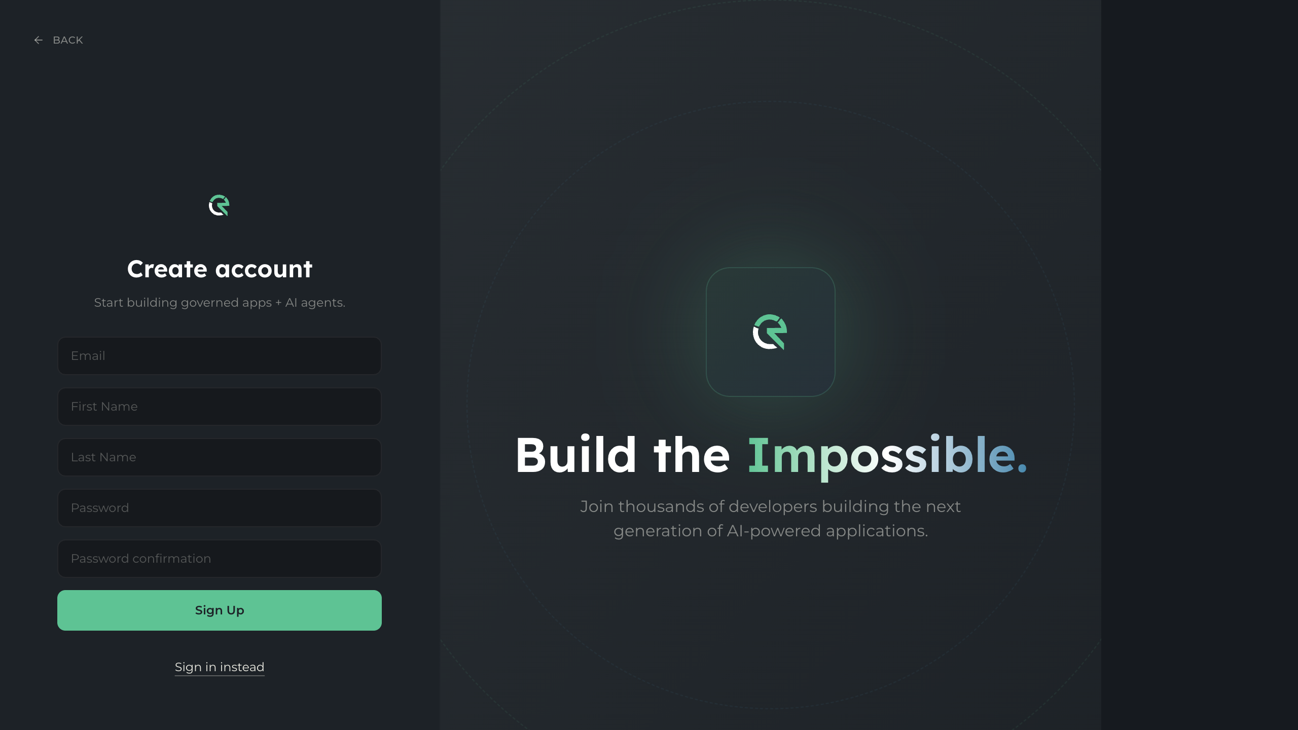 Sign-up form with email, name, and password fields