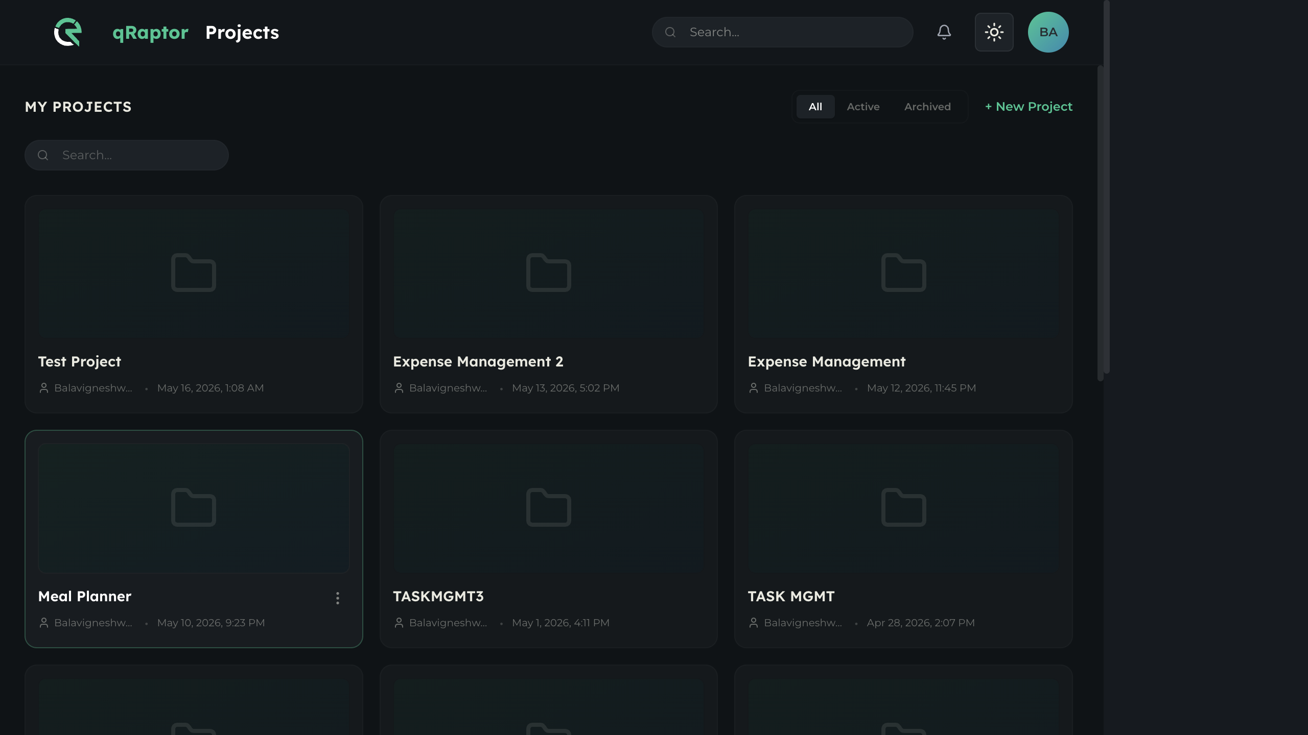 Projects page showing the workspace with project cards