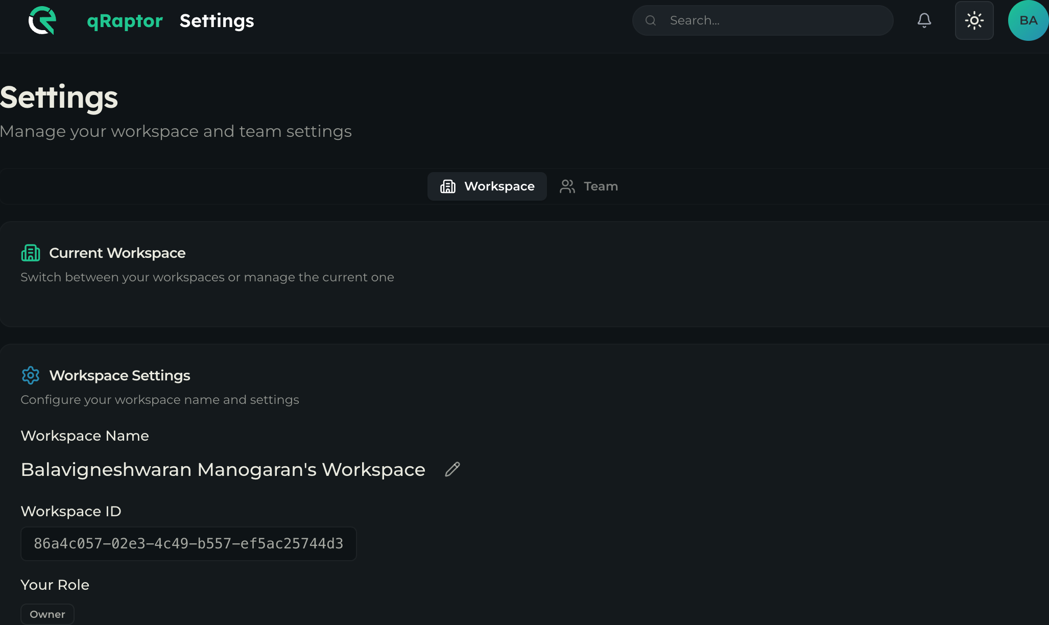Workspace settings showing workspace name, ID, and role