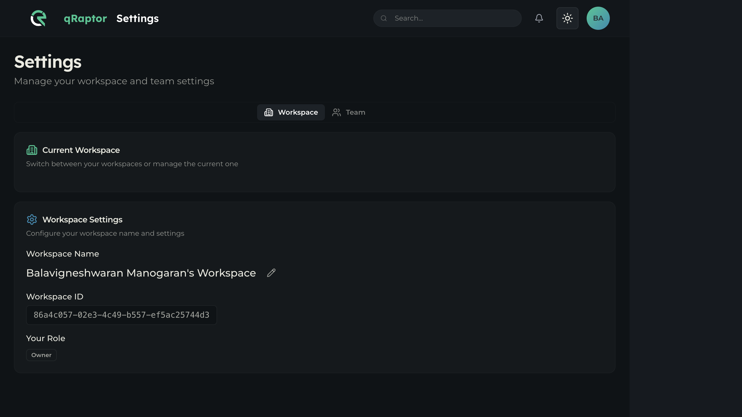 Workspace settings showing workspace name, ID, and role