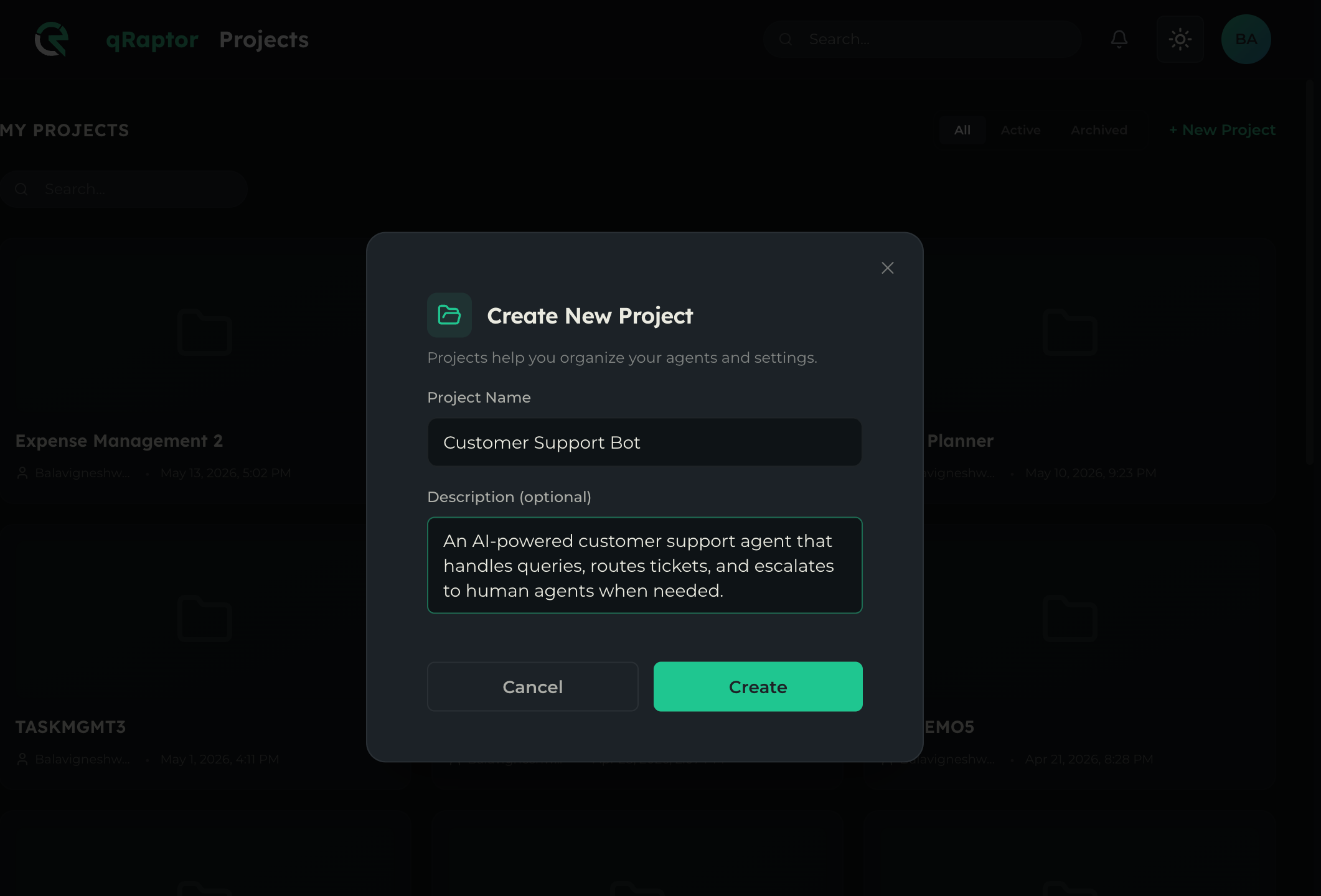 New project creation form with name and description fields