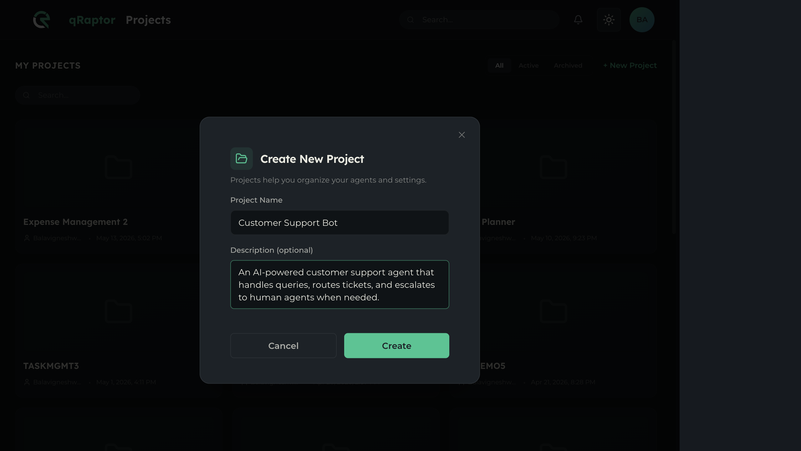 New project creation form with name and description fields