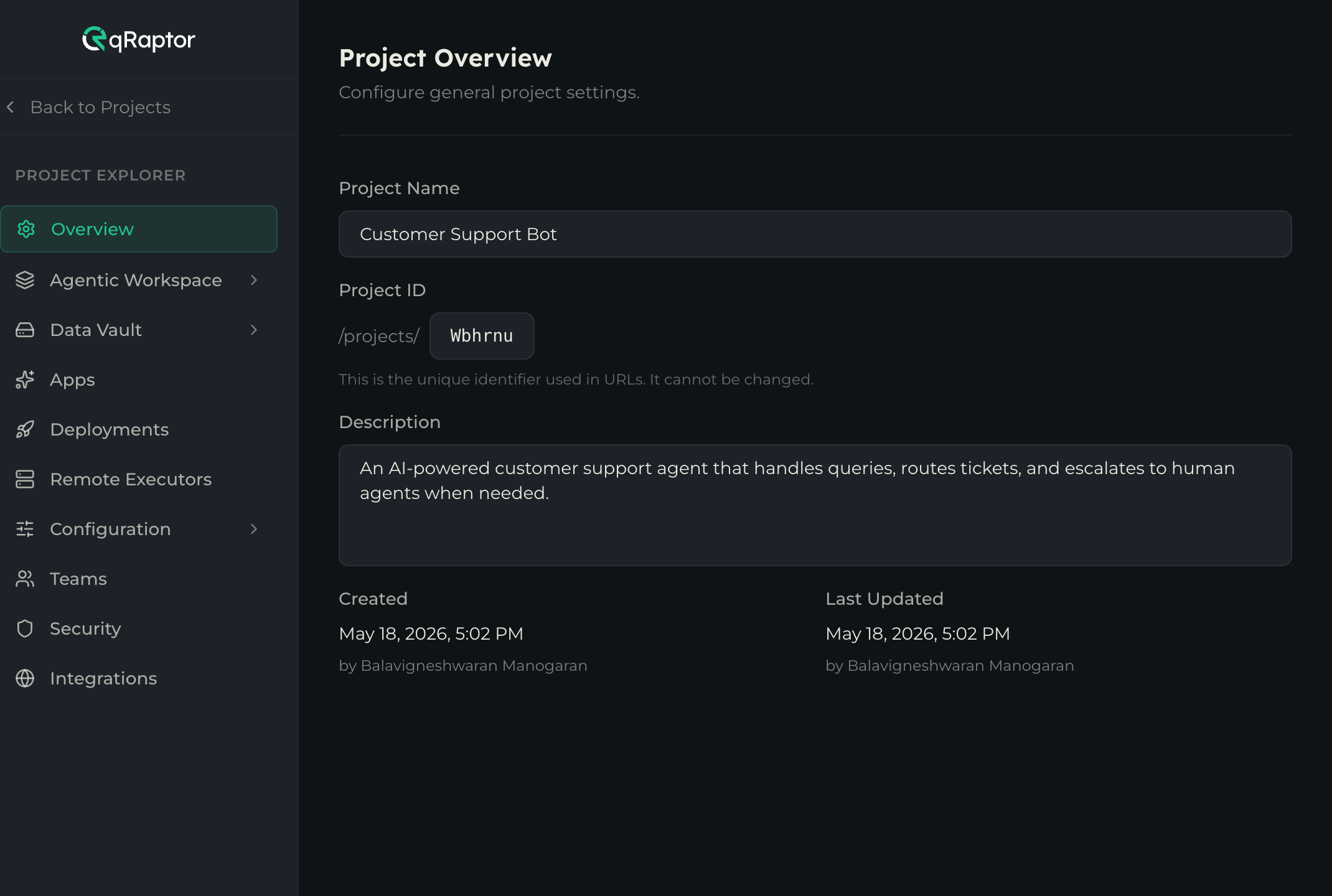 Newly created project showing the sidebar with Agentic Workspace, Apps, Data Vault, and Deployments sections