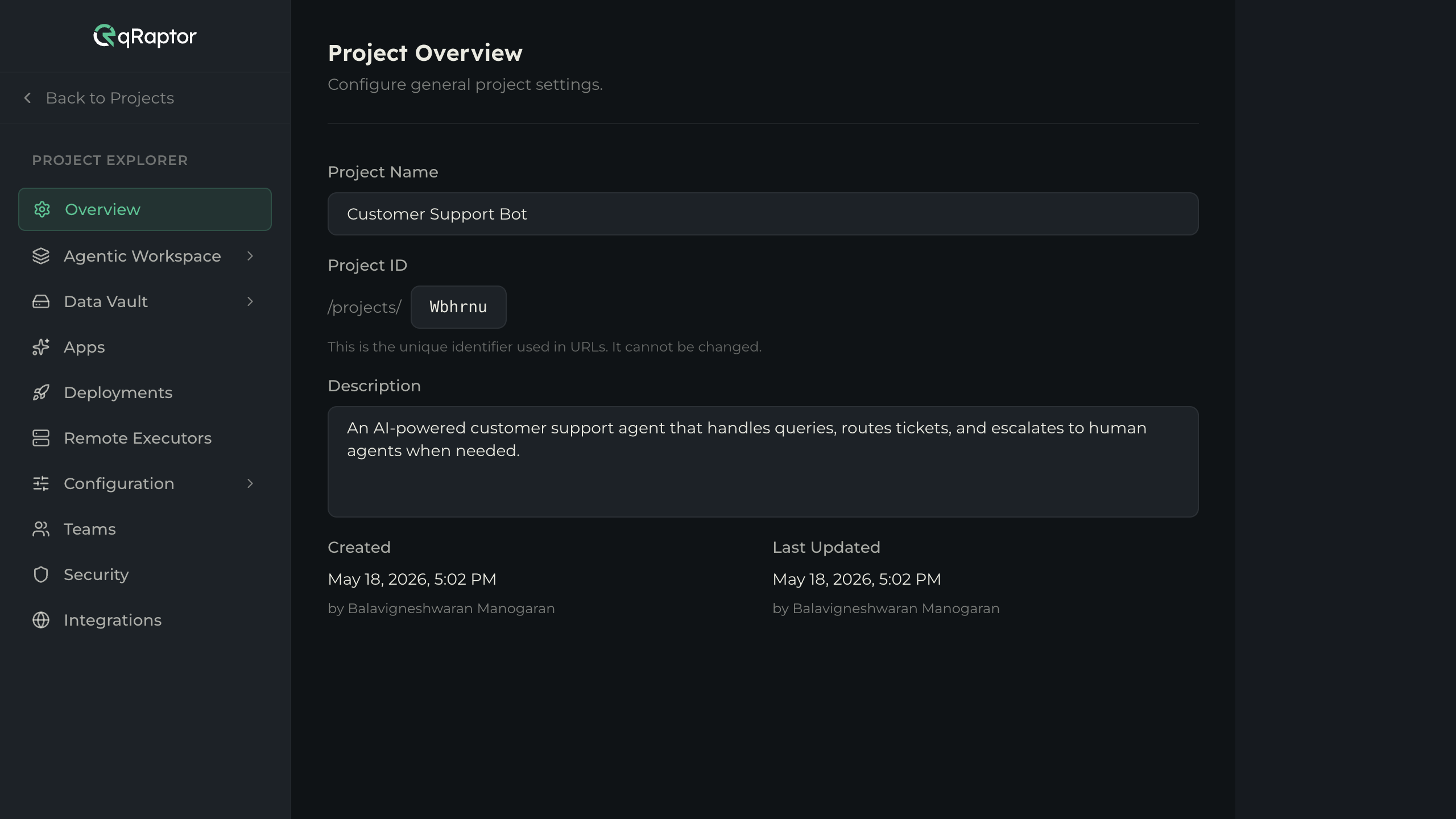 Newly created project showing the sidebar with Agentic Workspace, Apps, Data Vault, and Deployments sections