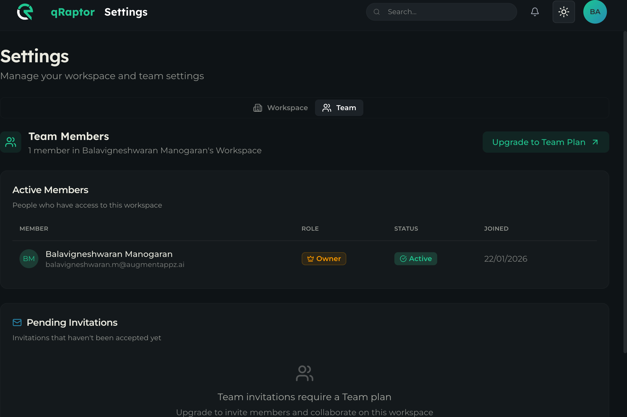 Team members list showing active members and their roles
