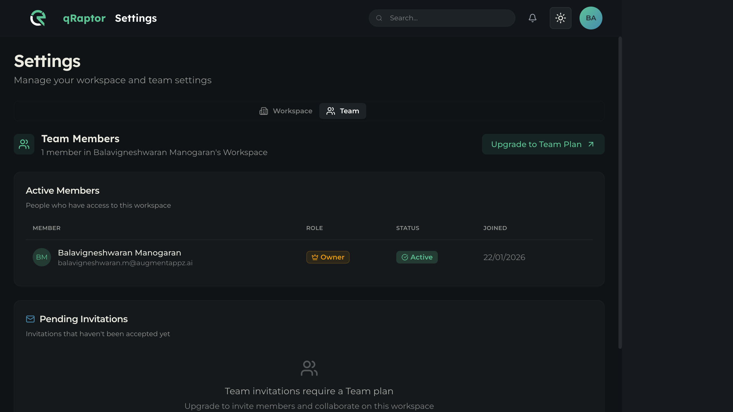 Team members list showing active members and their roles