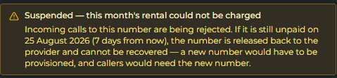 A suspended number showing an amber warning explaining that the rental could not be charged and giving the release date