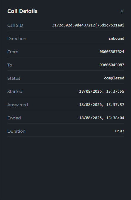 The Call Details panel showing Call SID, direction, from, to, status, timestamps, duration and a View run link