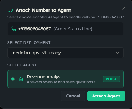 The Attach Number to Agent dialog showing the number, a Select Deployment dropdown and a Select Agent list