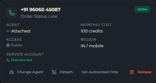 A phone number card showing Attached under Agent, with Change Agent, Detach, Set Authorized Only and Release actions