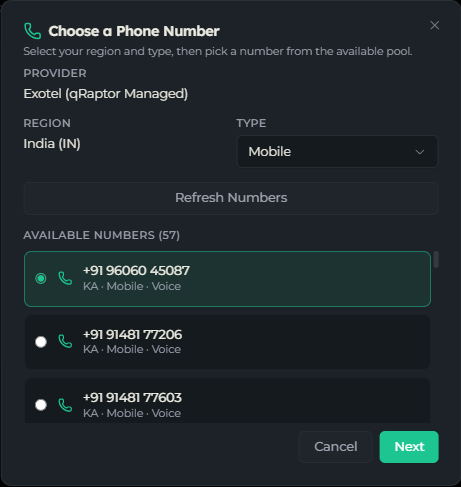 Step one of the Get New Number dialog showing Provider, Region, Type and a list of available numbers with radio buttons