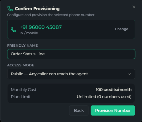 Step two of the dialog showing the selected number, Friendly Name field, Access Mode selector and a cost summary