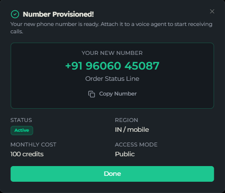 The Number Provisioned confirmation showing the new number in large type with Copy Number, Status, Region, Monthly Cost and Access Mode
