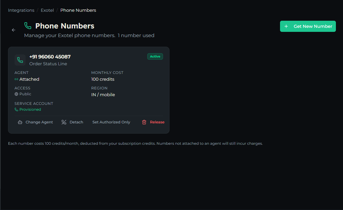 The Phone Numbers page showing two number cards with agent, cost, access, region and service account details