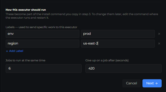The How this executor should run section with label pairs, jobs to run at the same time, and the job timeout
