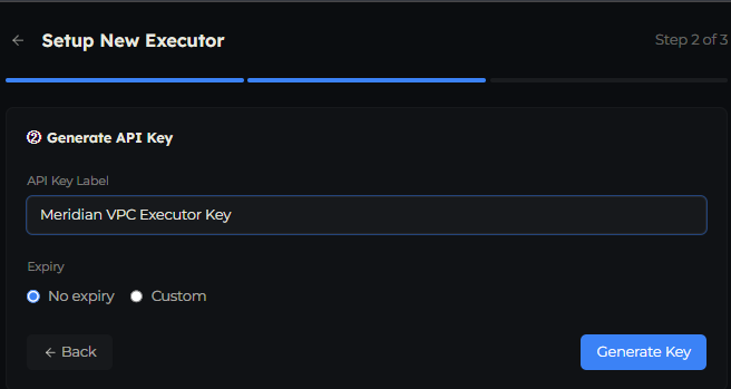 Step 2 of the wizard showing the API Key Label field and the expiry options