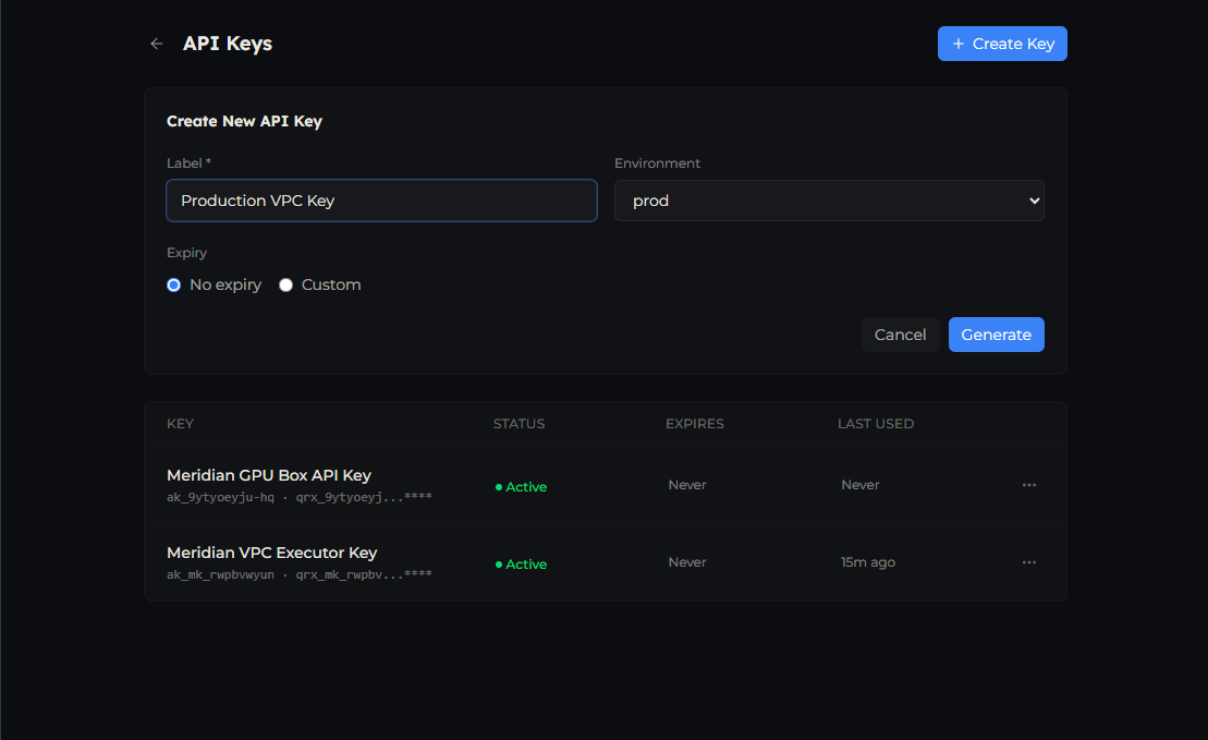 The Create New API Key form with label, environment and expiry