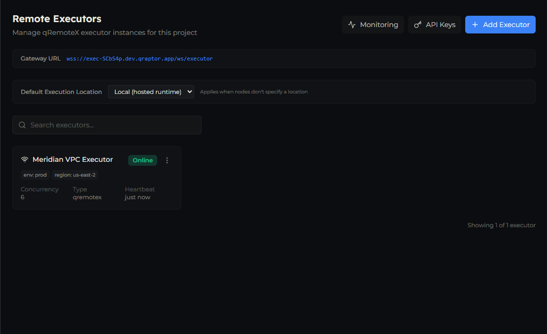 The executor list showing the new executor as Online with its labels and concurrency