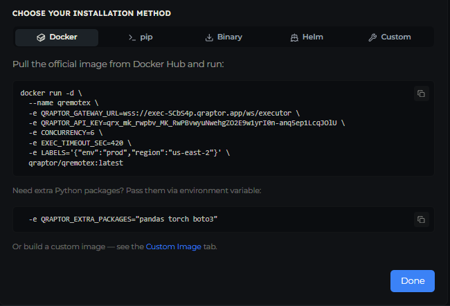 The Docker tab showing the generated docker run command with the gateway URL, API key and executor configuration