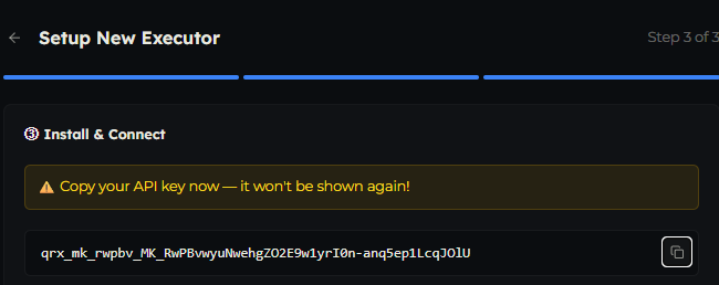 Step 3 of the wizard showing the API key warning, the key, and the installation method tabs