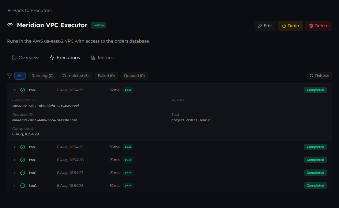 The Executions tab listing recent executions with the status filters and one row expanded