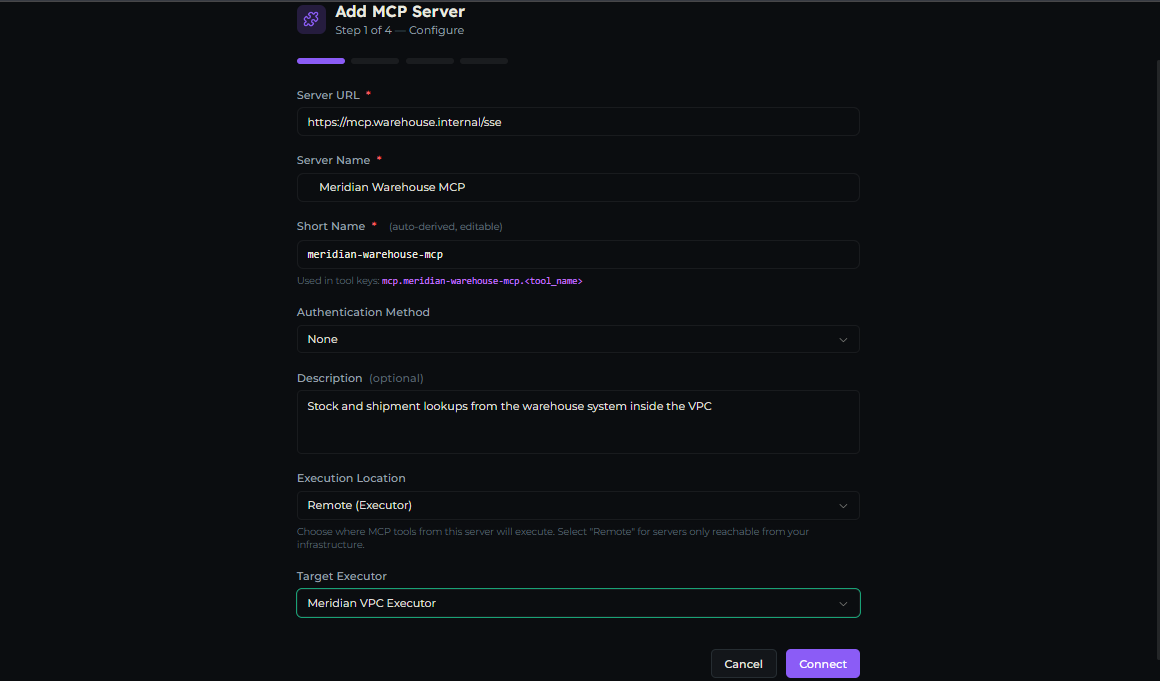The Execution Location selector on the new MCP server form