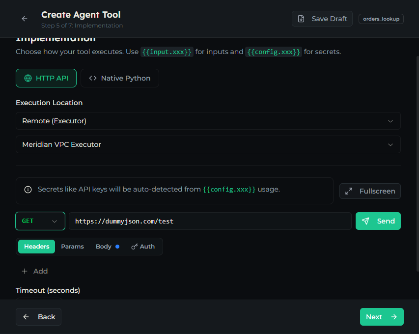 The Execution Location selector on a custom tool
