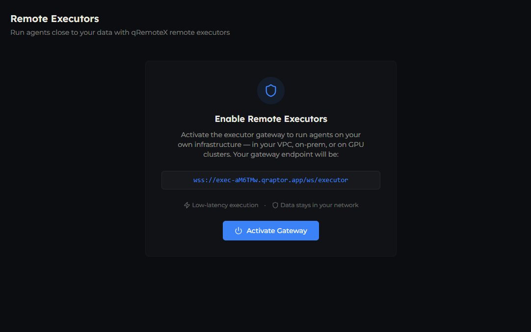The Enable Remote Executors card showing the gateway endpoint URL and the Activate Gateway button