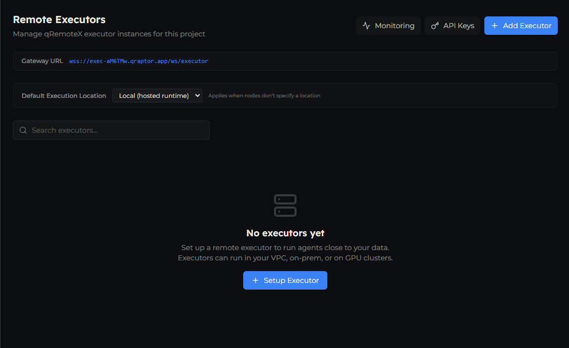 The Remote Executors page after activation, showing the Gateway URL bar, the Default Execution Location selector, and the empty state