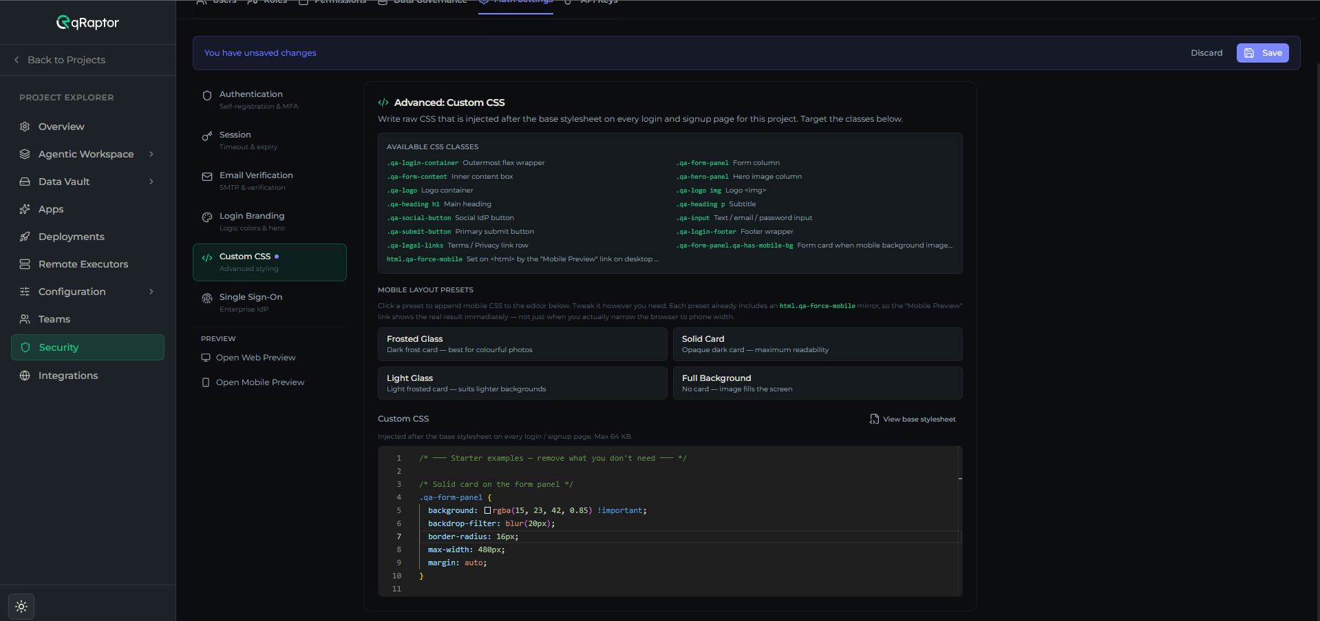 Custom CSS section showing the class reference, mobile presets, and the CSS editor