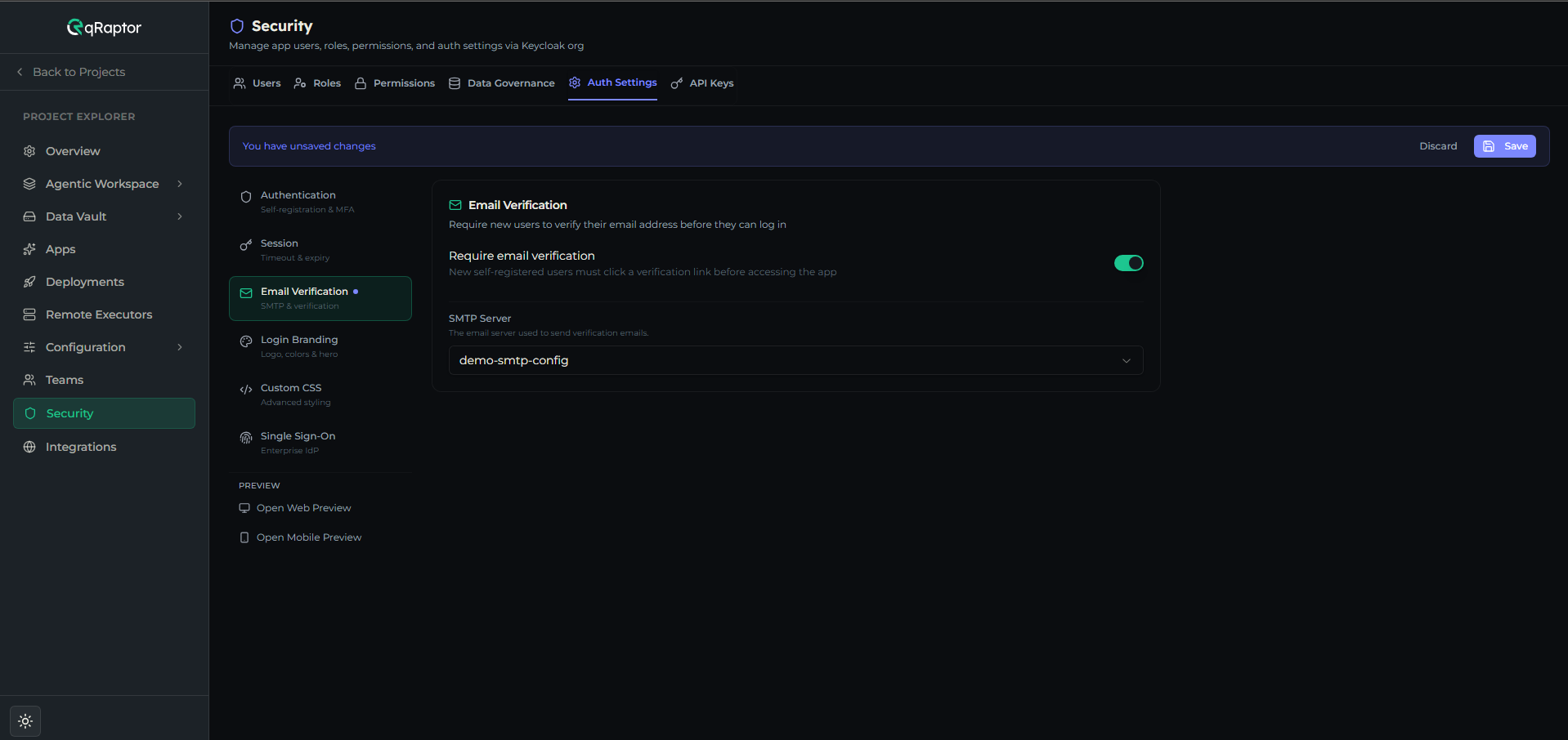 Email Verification section showing the Require email verification toggle and SMTP Server selector