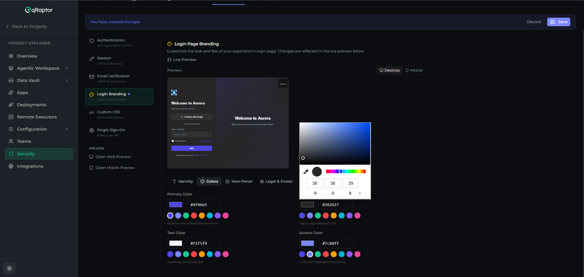 Colors sub-tab showing Primary, Background, Text, and Accent color pickers