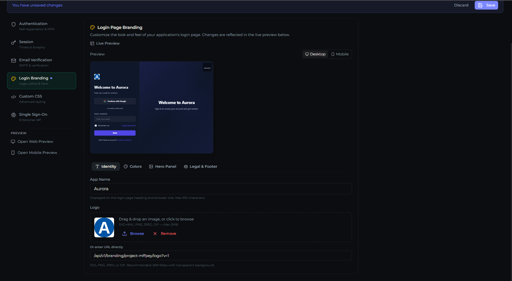 Identity sub-tab showing App Name and Logo upload