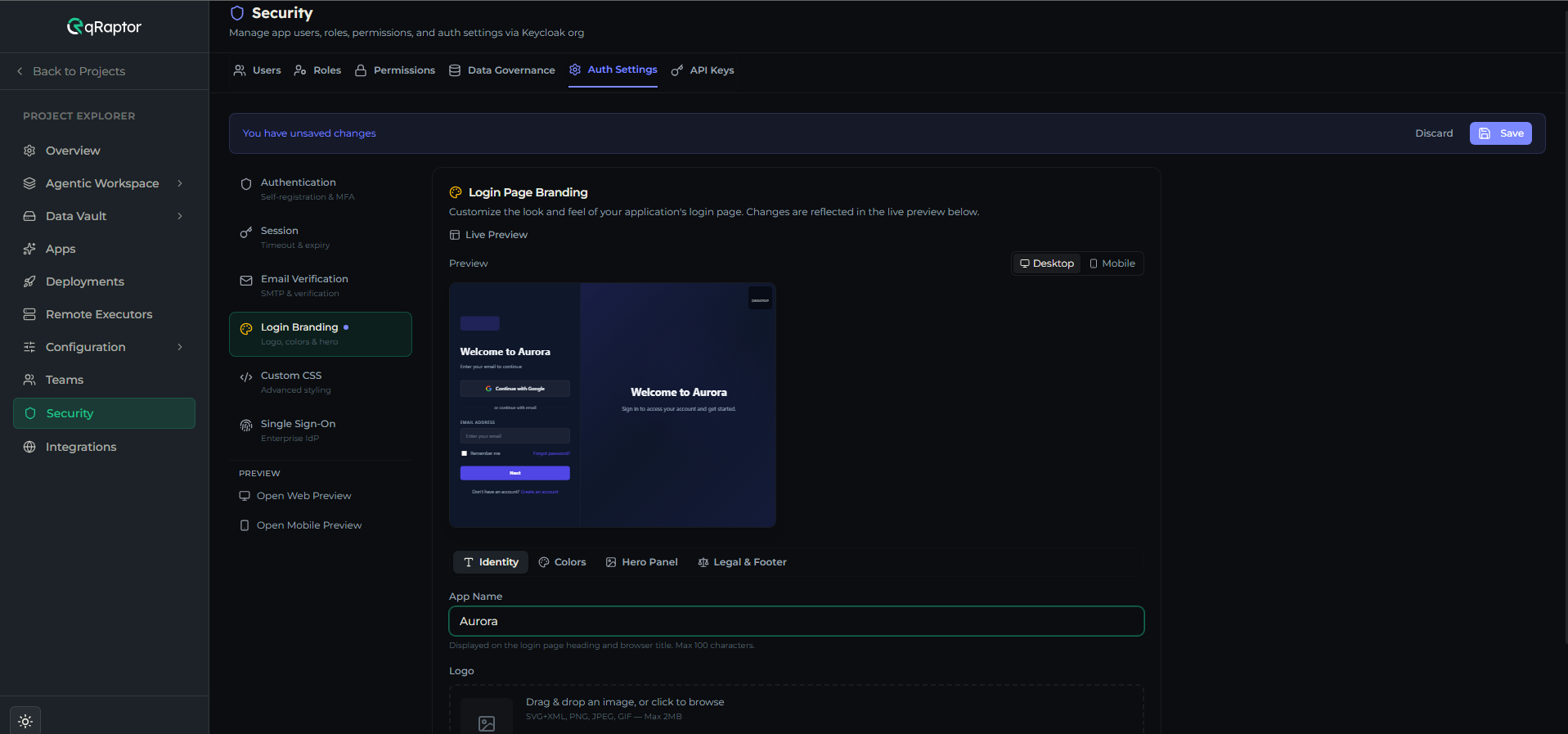 Login Page Branding live preview showing the desktop/mobile toggle