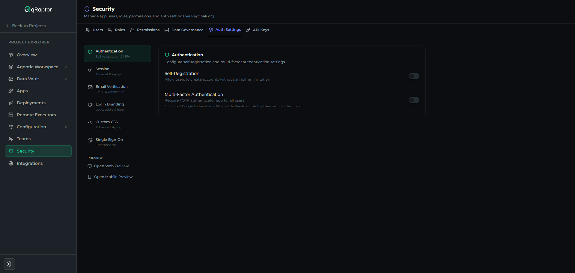 Auth Settings tab showing the section sidebar (Authentication, Session, Email Verification, Login Branding, Custom CSS, Single Sign-On) and content pane