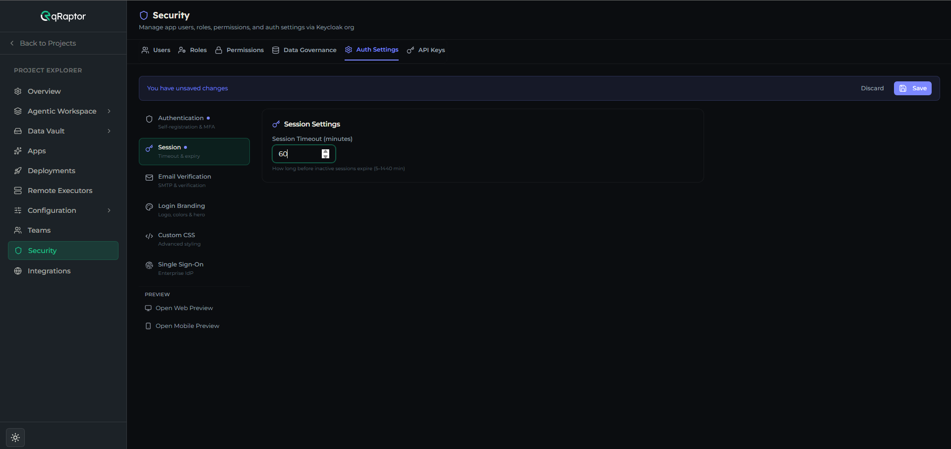 Session section showing the Session Timeout input