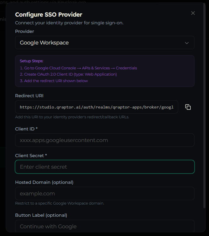 Add SSO Provider dialog showing setup steps, redirect URI, and provider credential fields