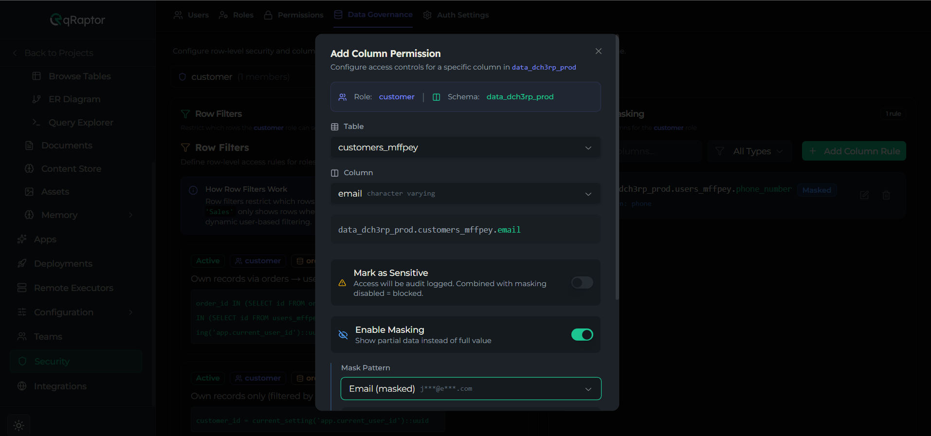 Column Permission dialog showing the mask pattern selector and live preview
