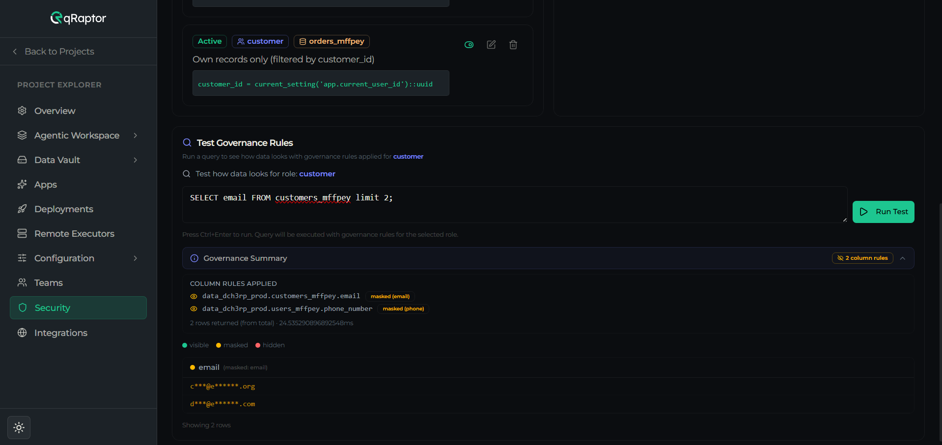 Test Governance Rules panel showing query results with row filter and column masking annotations